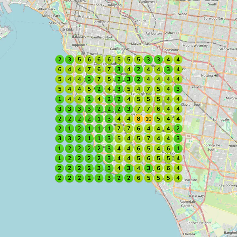 The same rank grid after the work: mostly green, top three