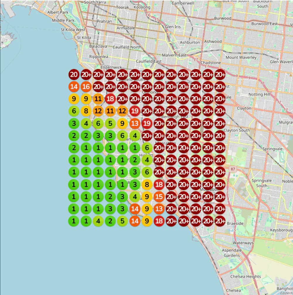 Local rank grid before the work, showing mostly low rankings